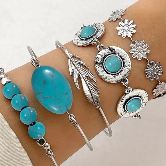 5pcs/Set  Turquoise Inlaid Cuff Bracelets Bohemian‎ Flower & Feather design - Picture 1 of 3